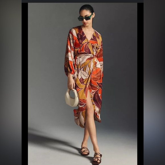 Anthropologie brown and orange floral print midi dress 20955 - Picture 4 of 15